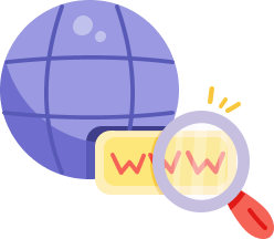 A globe displaying latitude and longitude lines, next to a "www" label under a magnifying glass, suggesting internet search or browsing.