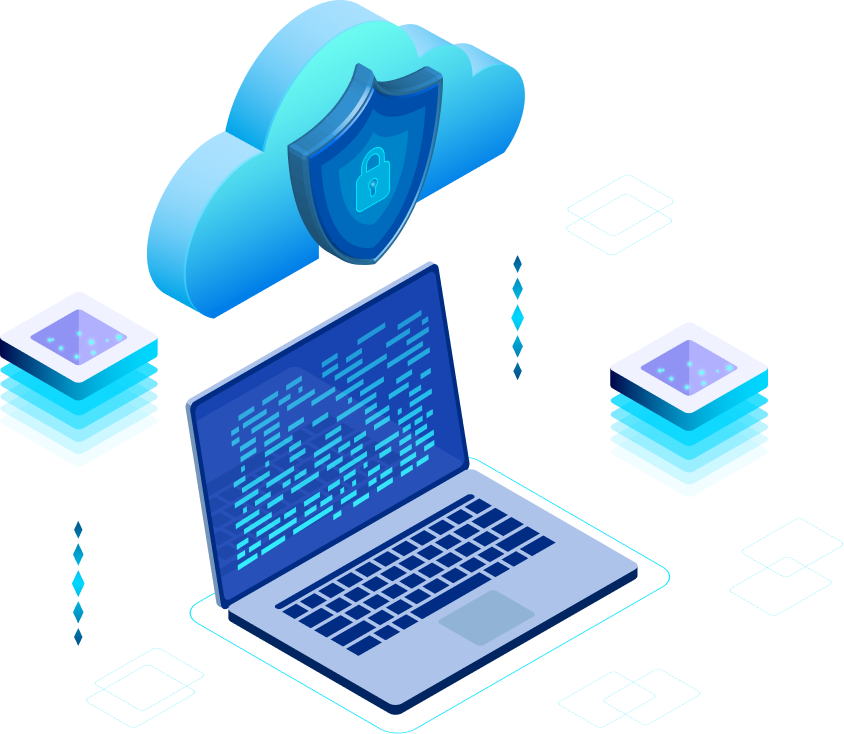 Avada Hosting A laptop displays code, flanked by stacked servers, with a secure cloud and shield icon above, symbolizing cybersecurity in a digital environment.