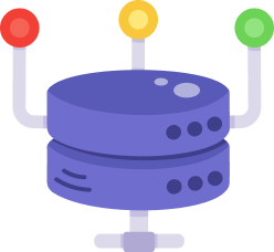 A blue cylindrical machine with small circular buttons, connecting to three vertical rods ending in red, yellow, and green lights, standing in an abstract, simplified technological design.