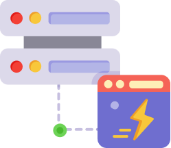 Two server stacks transmit data to a web browser icon with a lightning bolt, symbolizing fast data transfer and connectivity.