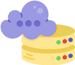 A purple cloud hovers above two stacked yellow servers, each featuring green, blue, and red indicator lights, set against a plain white background.