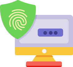 A computer monitor displaying a login screen with three dots is accompanied by a green shield with a fingerprint symbol, indicating security in a digital environment.