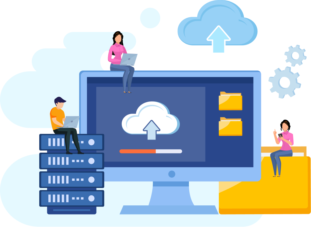 Efficient Avada Hosting A large computer monitor displays a cloud upload icon; three people with laptops interact with surrounding network equipment, large folders, and cloud icons in a technological setting.