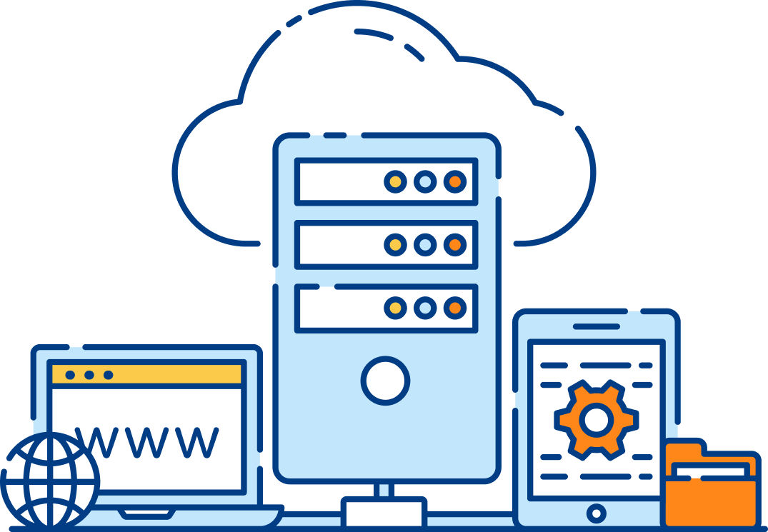 Server with three rows of orange and blue indicators linking laptop displaying "WWW" and tablet showing gear icon, under a cloud outline, symbolizing cloud computing.