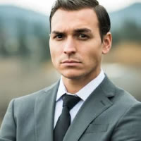 A man in a gray suit and black tie stands with a serious expression in an outdoor, blurred landscape with distant trees and mountains.