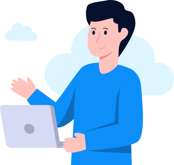 A person in a blue shirt holds a laptop with one hand and gestures with the other, standing in front of clouds against a white background.