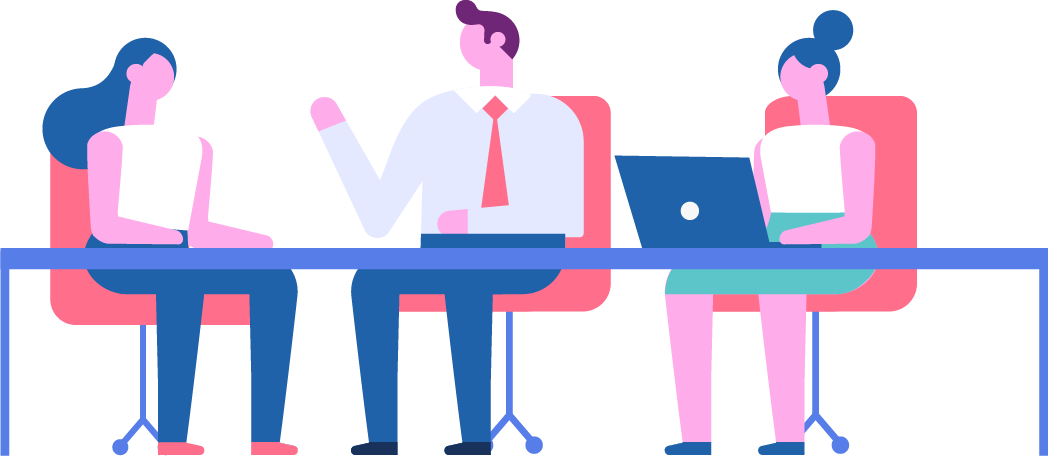 Three people sit at a table discussing or working; the left person listens, the middle person talks, and the right person types on a laptop. They are in an office setting.