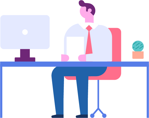 lite-seo-people A person sits at a desk, holding a paper, facing a computer monitor, with a drink on the table in a workstation setting.