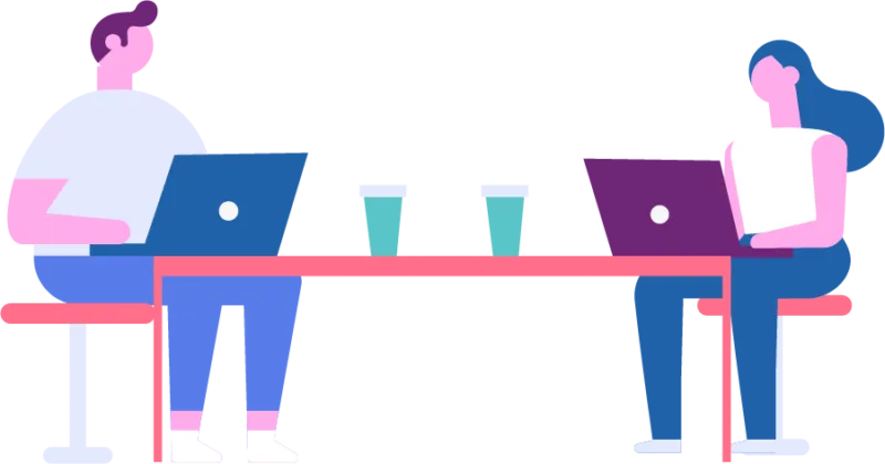 Two people sit across a table, each working on a laptop, with two cups between them. The people and objects are depicted in a colorful, stylized manner.
